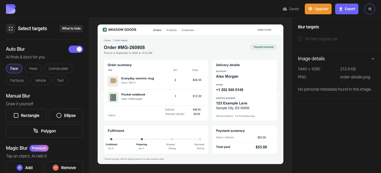 The original order screenshot separates product information from delivery details.