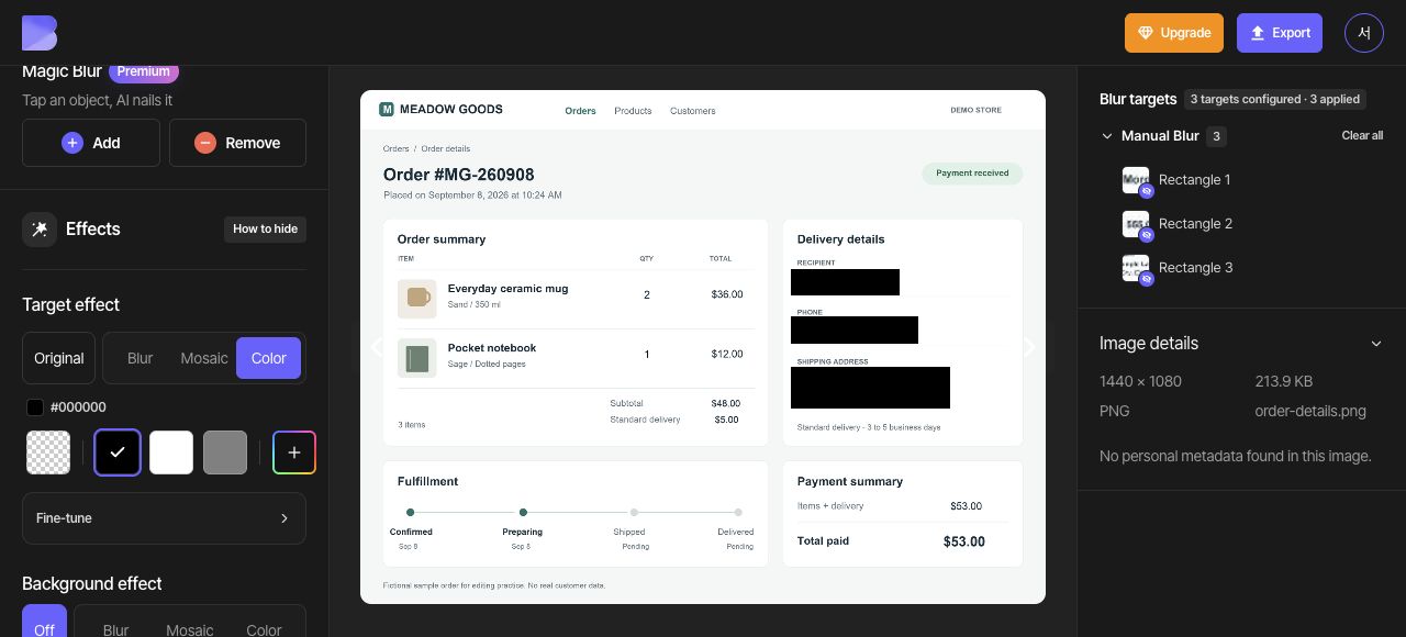 The three manual areas are black while products, prices, and order status remain visible in the editor.
