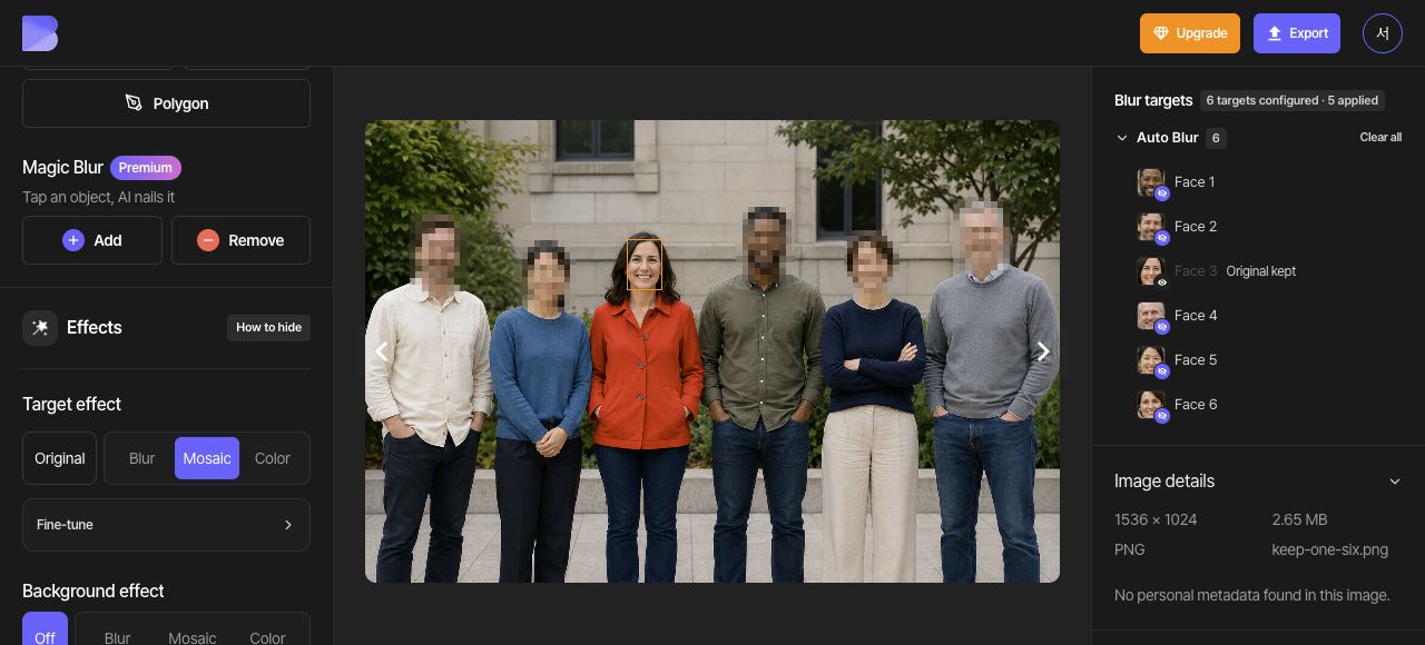 Of the six faces, the red-jacketed person's face is clear and the other five are mosaicked.