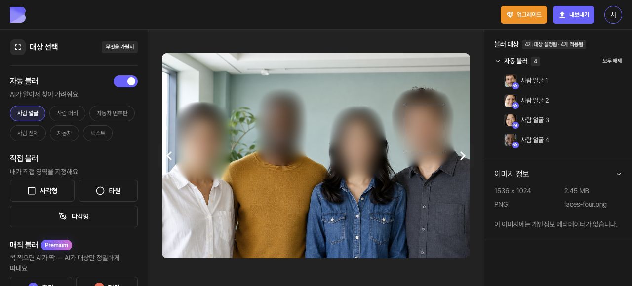 자동 감지한 얼굴 영역과 대상 목록을 함께 확인합니다.