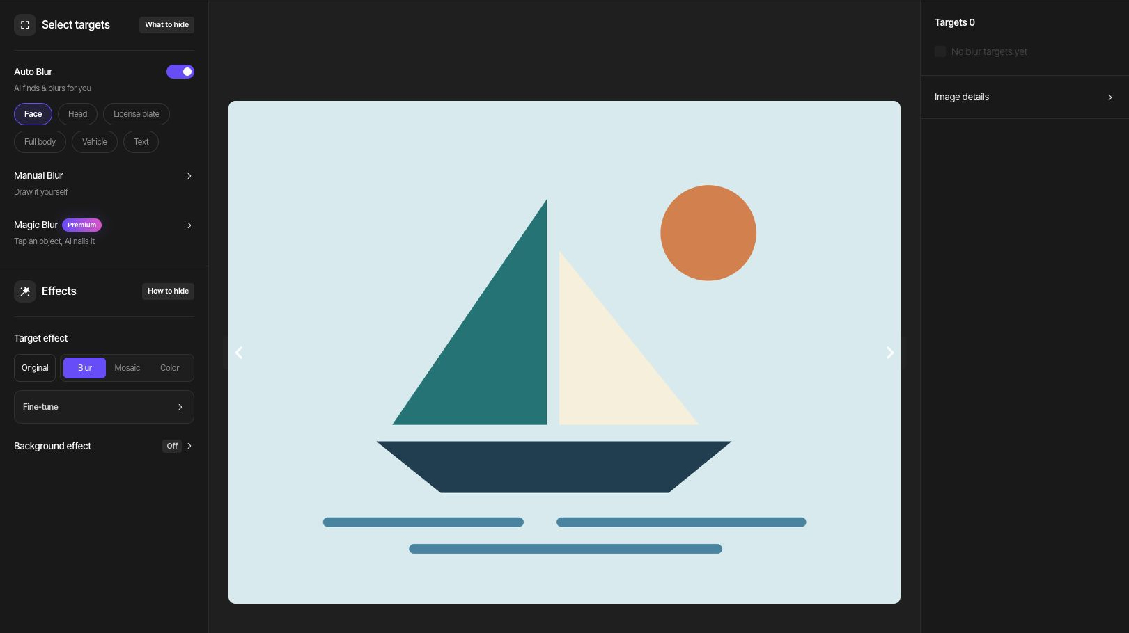 Image Studio showing the original sailboat in reopened support-organize-01.png and 0 targets