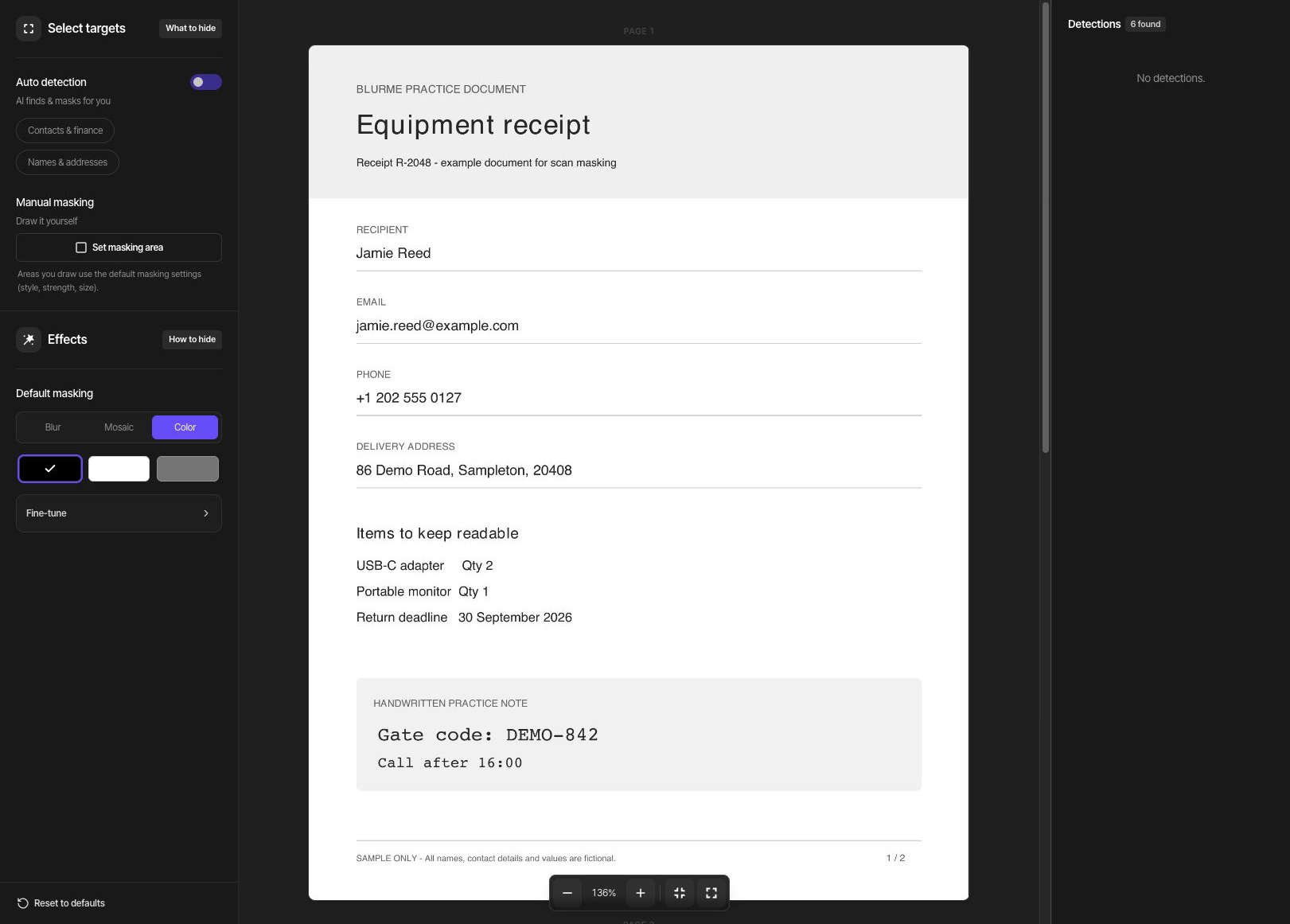 The original first page with Auto detection temporarily off. Review the name, contact details, address, and entry code, then turn Auto detection back on.