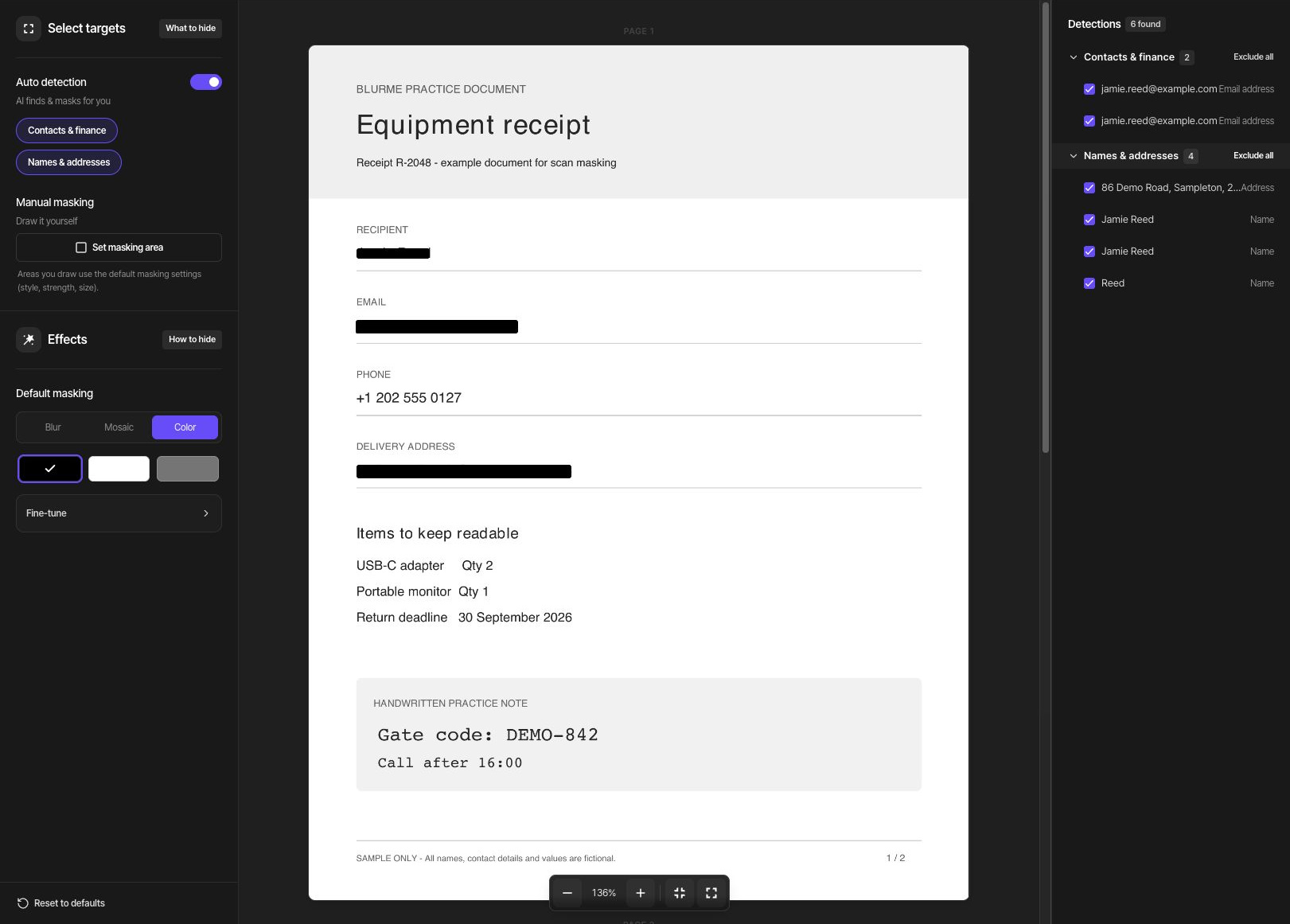 The 6 automatic detections are masked in black. The phone number and Gate code line remain visible and need manual masking.