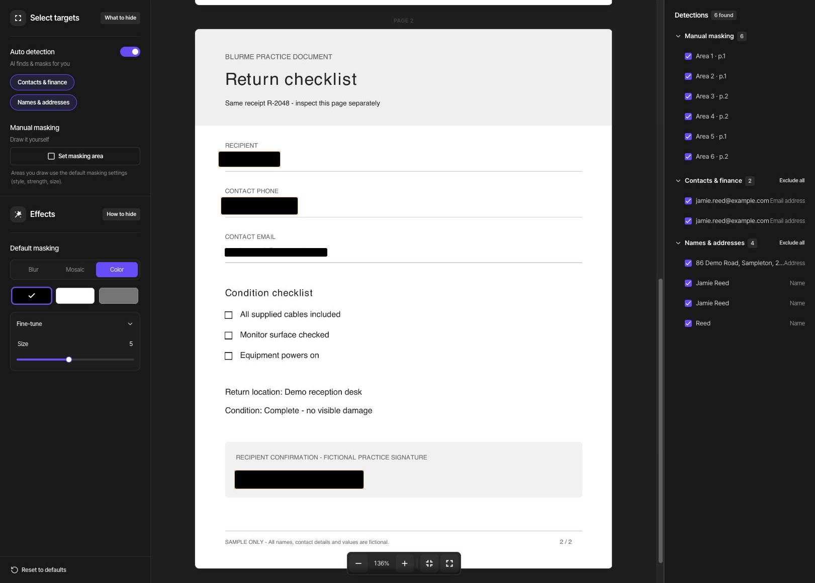 Manual areas also cover the full name, phone number, and entire confirmation signature on page 2. There are 6 manual areas across both pages; the checklist, return location, and condition description remain readable.