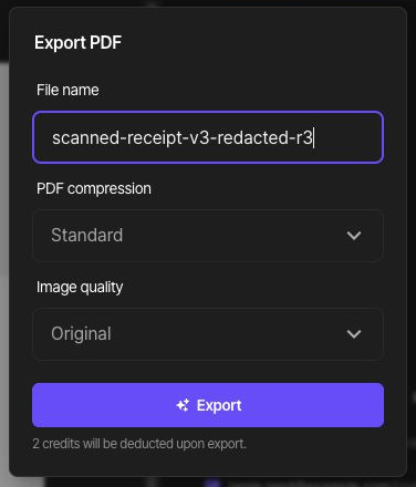 Export PDF dialog showing the file name, Standard compression, Original image quality, and a 2-credit notice