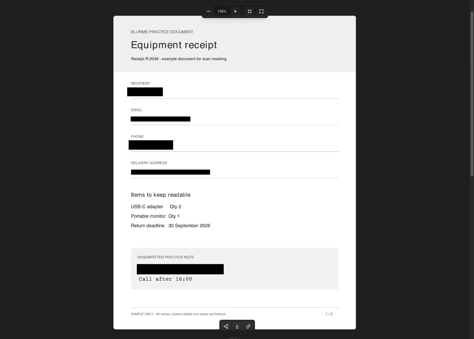 Page 1 of the exported PDF. The name, contact details, address, and entry code are hidden; the equipment items, return deadline, and Call after 16:00 line remain readable.