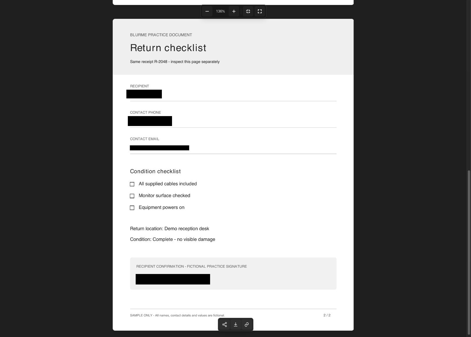 Page 2 of the exported PDF. The name, contact details, and full signature are hidden; the checklist, return location, and condition description remain readable.