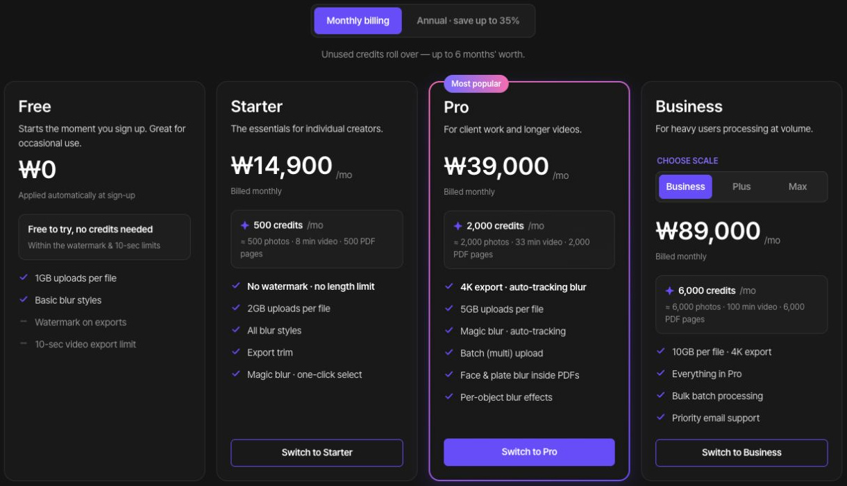 Free, Starter, Pro, and Business plans with Monthly billing selected and prices in Korean won