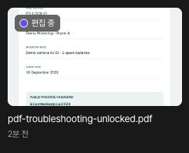 암호 없이 저장한 pdf-troubleshooting-unlocked.pdf가 목록에 나타났습니다. 편집 중 표시는 프로젝트를 열어 작업할 수 있는 상태입니다.